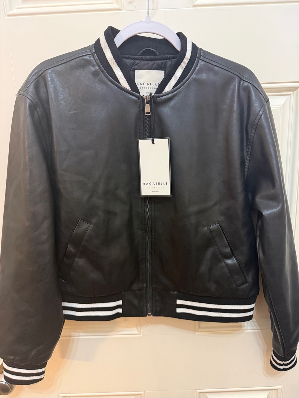 NWT Bagatelle Collection Black Varsity Faux Leather Bomber Jacket Medium